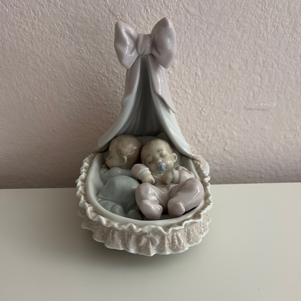 Lladro Porcelain Sleeping Twins in Cradle Figurine - Pastel Pink & Mint